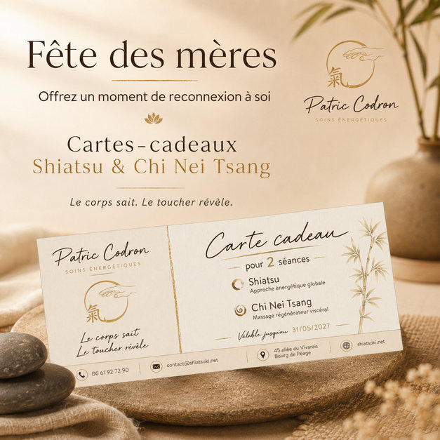 Carte-cadeau pour la fête des mères pour une séance de Shiatsu ou Chi Nei Tsang à offrir sur Romans-sur-Isère ou Bourg-de-Péage.