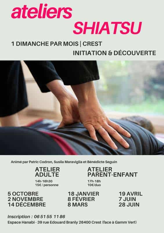 Affiche du programme des ateliers mensuels de shiatsu à Crest.
